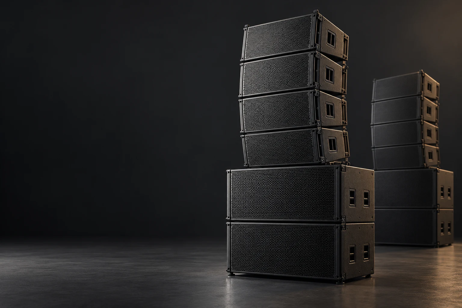Illustrative professional loudspeaker system in a studio setting